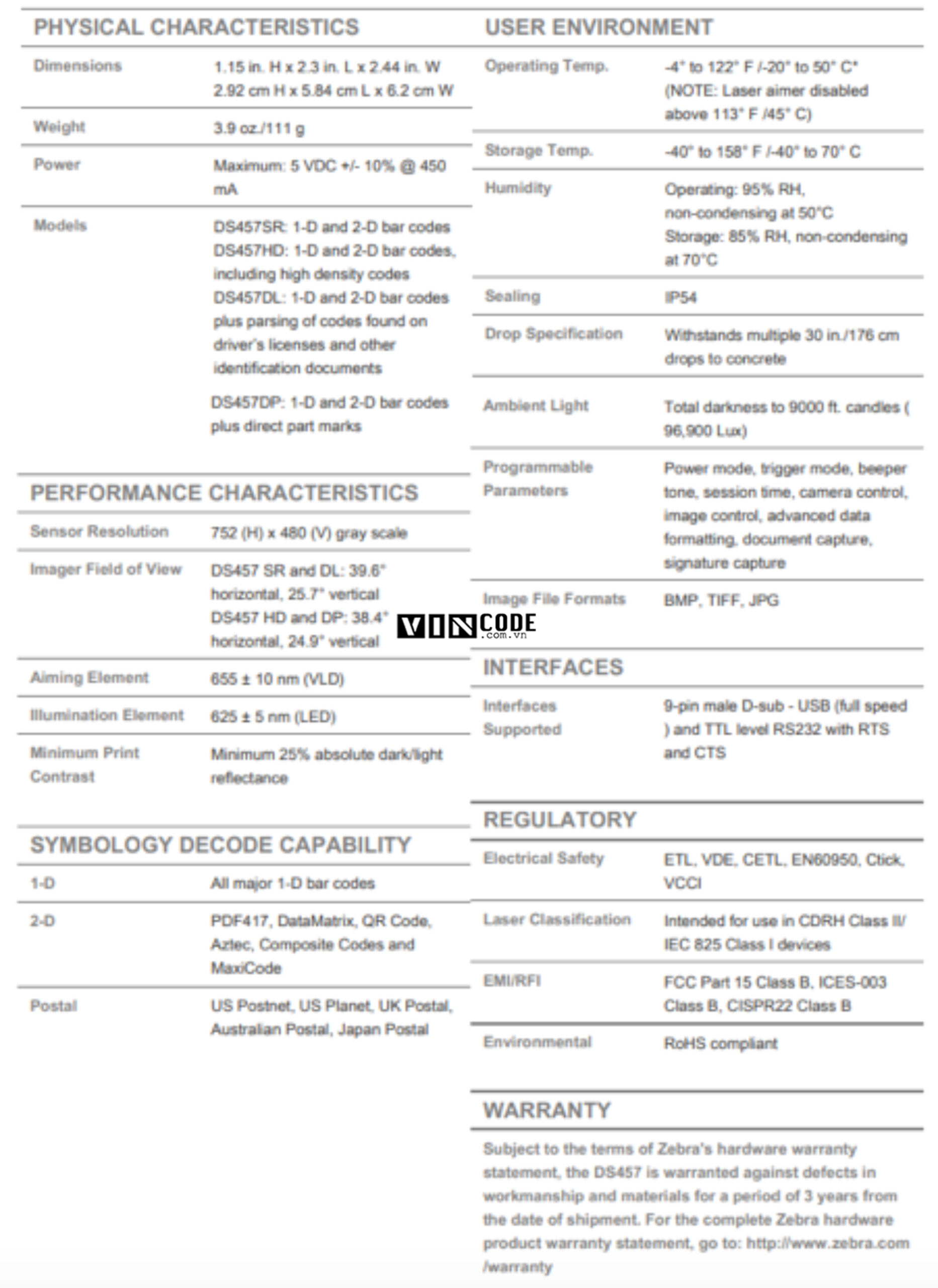 Thông số kỹ thuật Zebra DS457