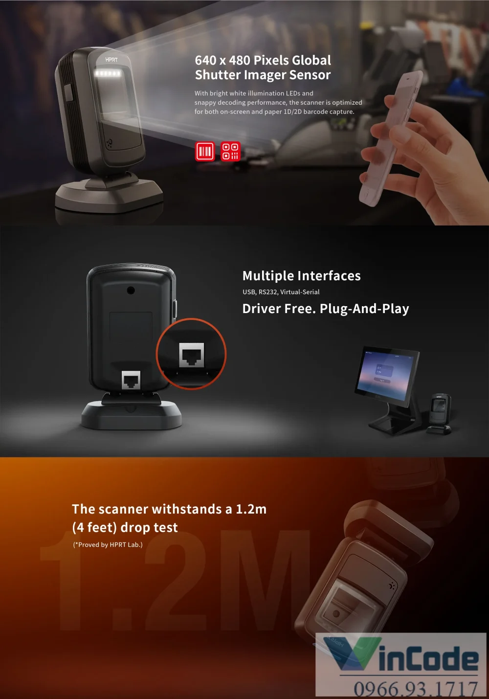 Góc quét rộng Máy quét mã vạch 2D